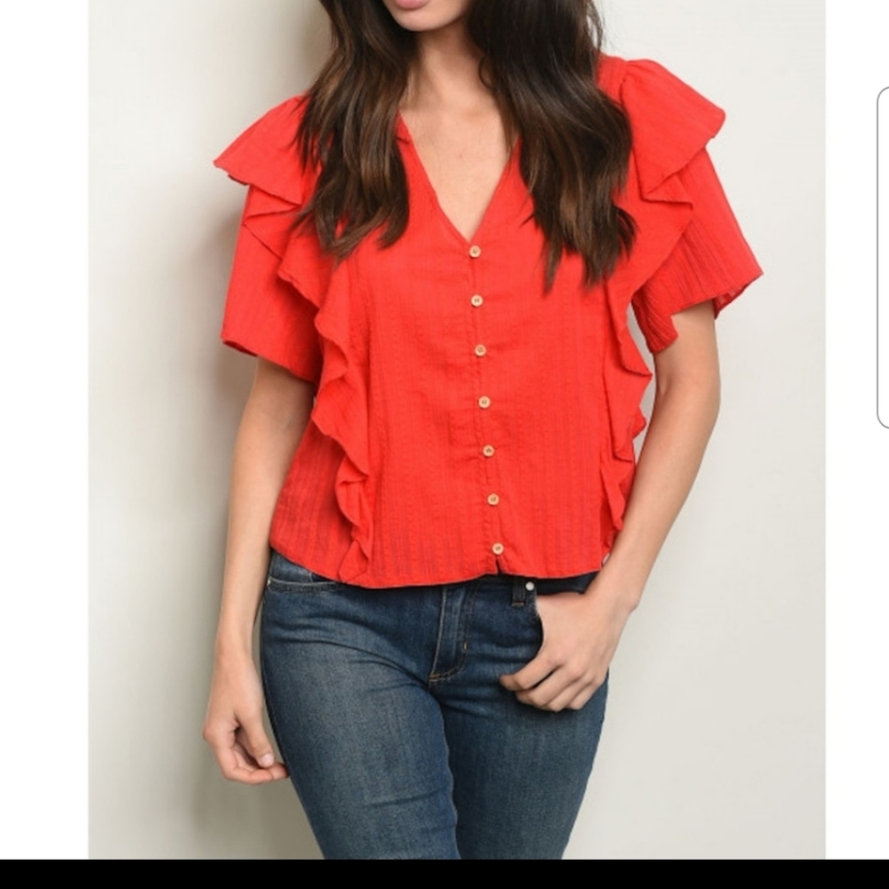 Golden Threads Red Short Sleeve Ruffle Blouse